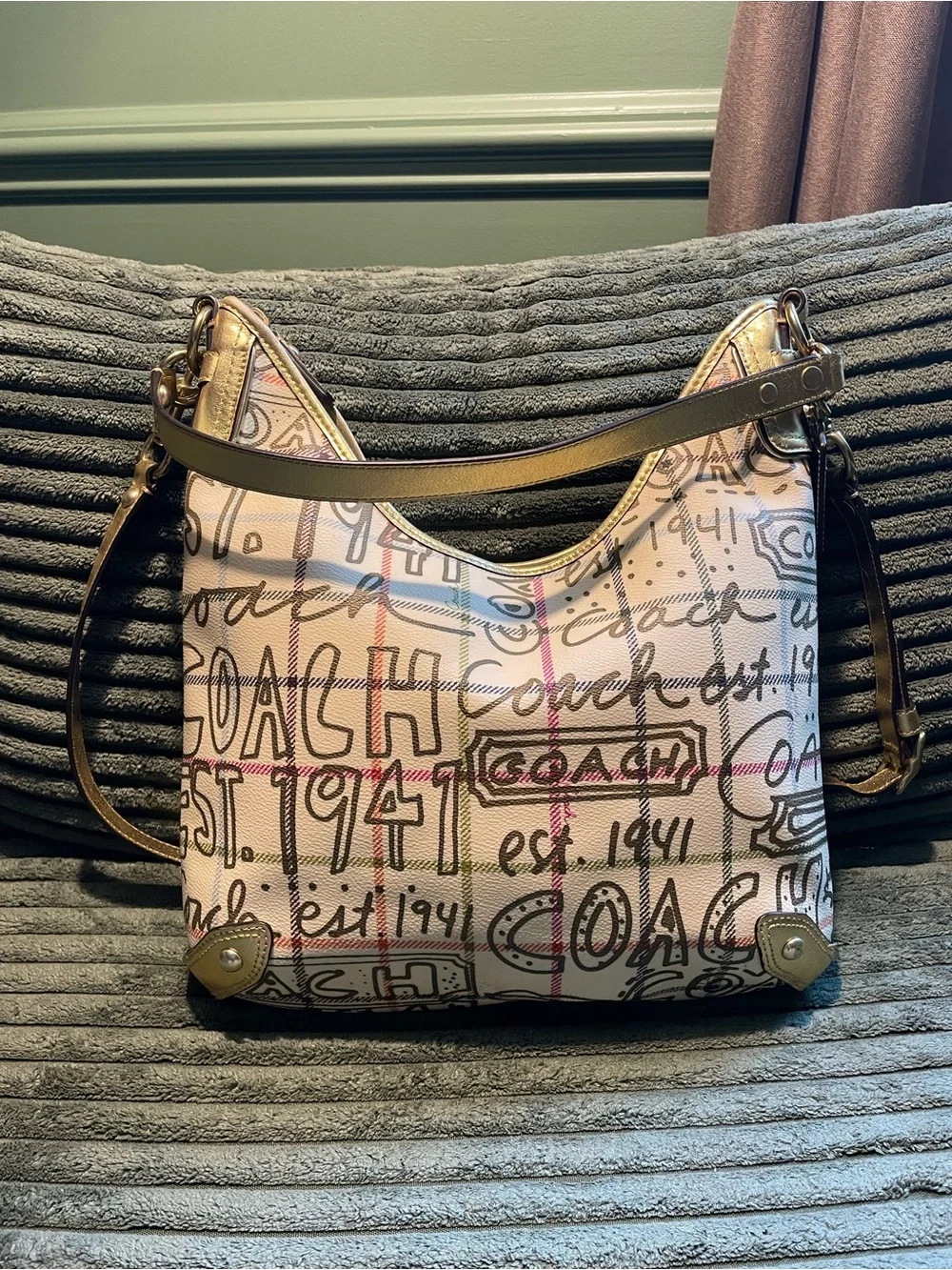 Coach Tattersall Gold Graffiti Logo Hobo Bag in Cream and Tan with Pink Accents